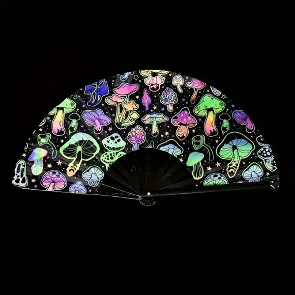 Mushroom Print UV Reflective Dance Rave Fan Accessory Bamboo Sateen Black Neon - Picture 3 of 7